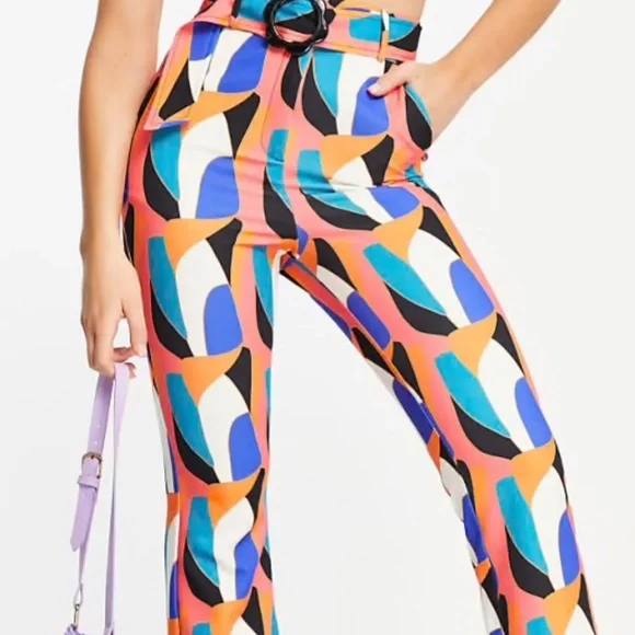 Never Fully Dresses abstract print flare pants with acrylic flower buckle - Picture 5 of 5